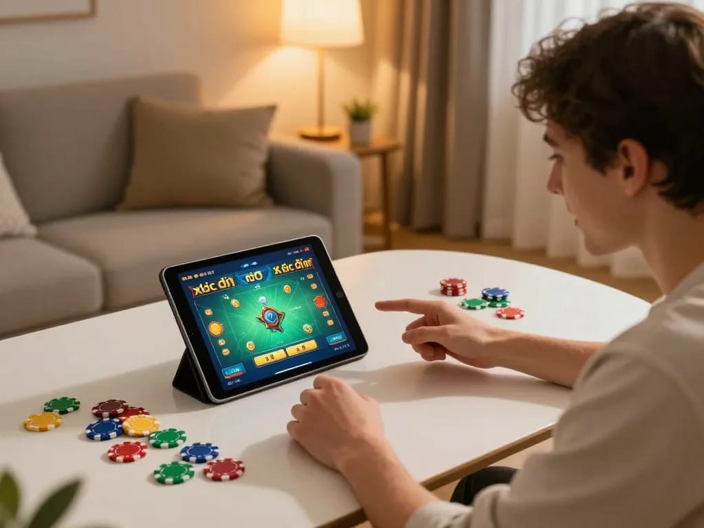 xóc đĩa online game interaction with colorful chips at a cozy home setup
