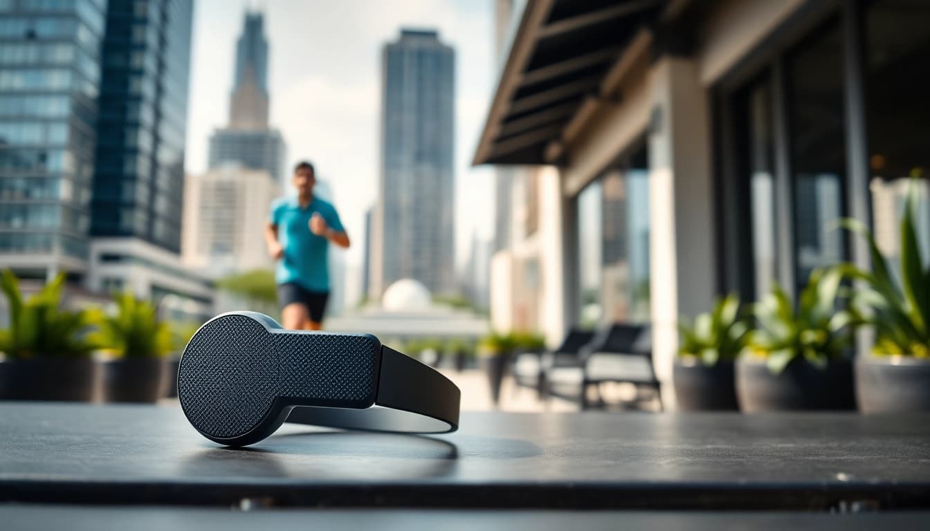 Experience the features of F1 Bone Conduction Headphones displayed in a vibrant urban setting.