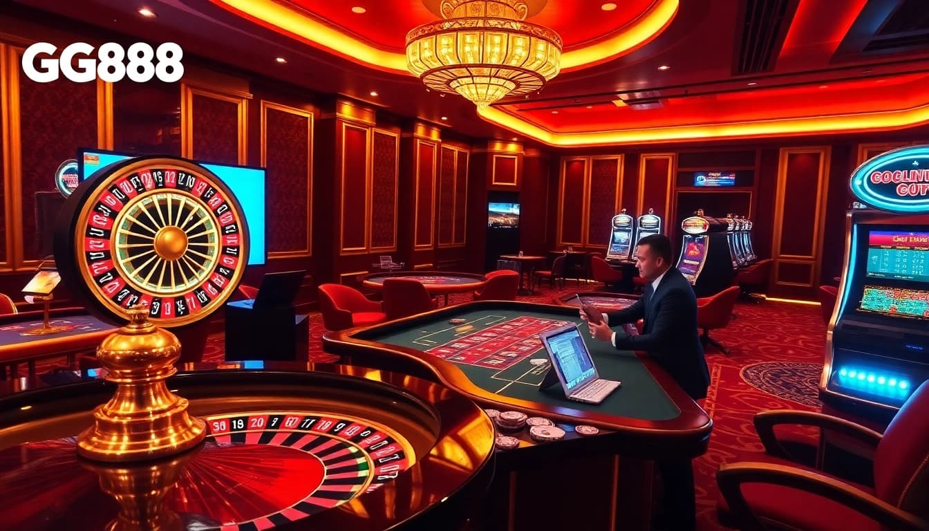 Experience exhilarating gaming at http://gg88.gold/, featuring vibrant poker tables and a luxurious roulette wheel.
