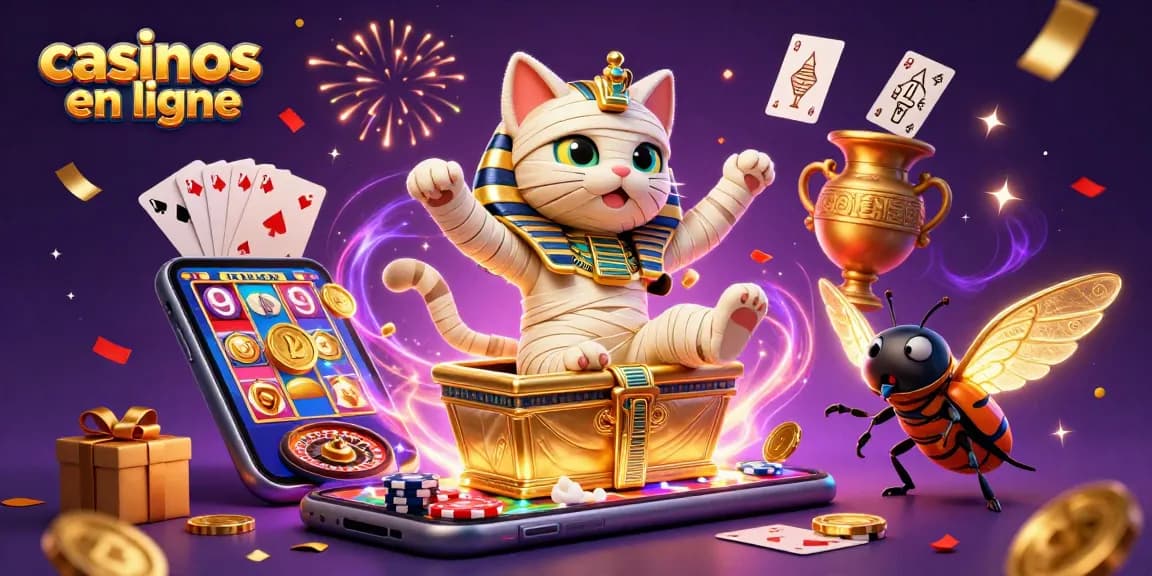 Plongez dans l'univers des casinos en ligne avec ce visuel captivant de notre chat momie égyptienne et son scarabée.