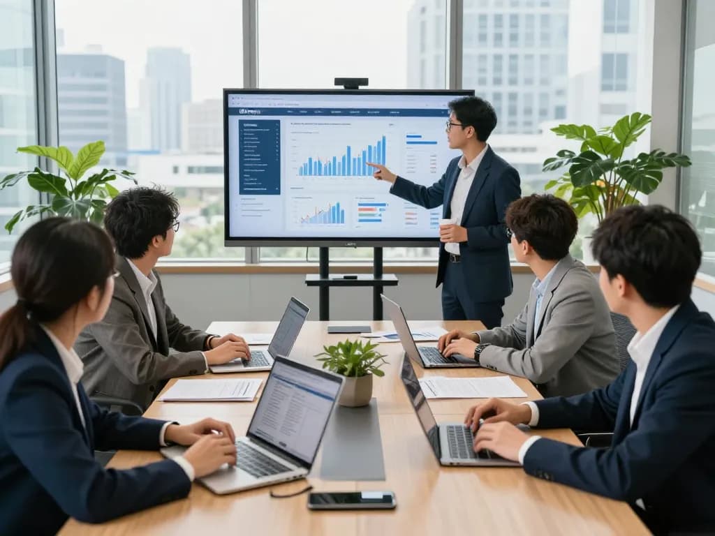 Team of professionals collaborating in a conference room while helping clients browse around this site for financial solutions.