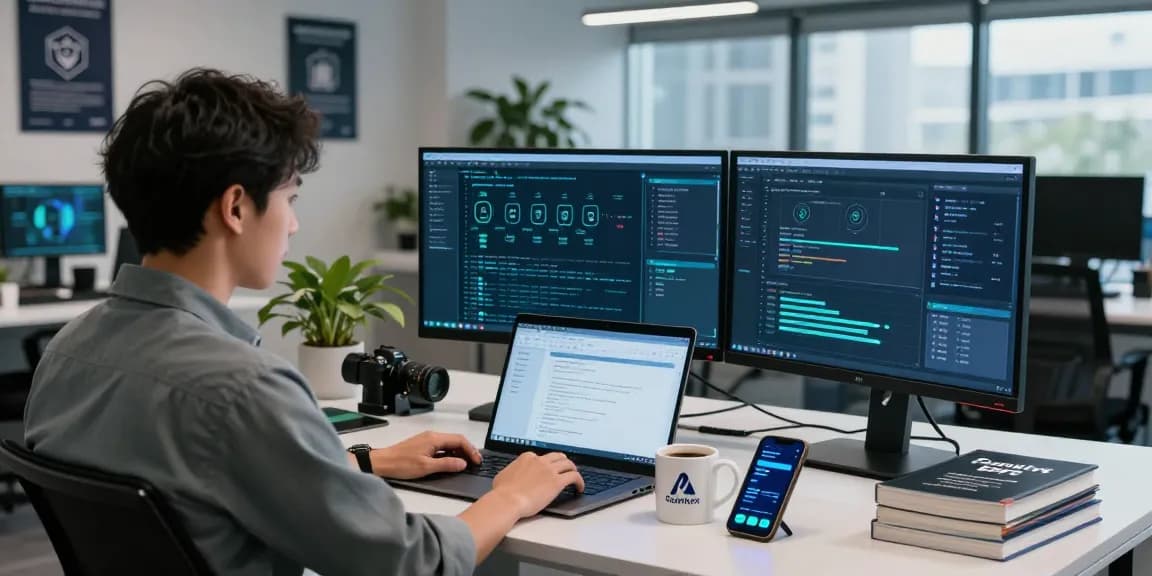IT professional analyzing security protocols on shs-dome5.com in a modern digital workspace.