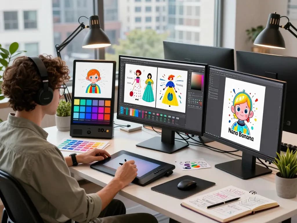 Designer using nano banana pro AI image editor in a vibrant creative workspace