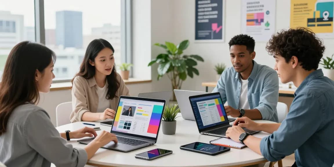 Collaborative team discussing social media ad templates in a modern marketing workspace
