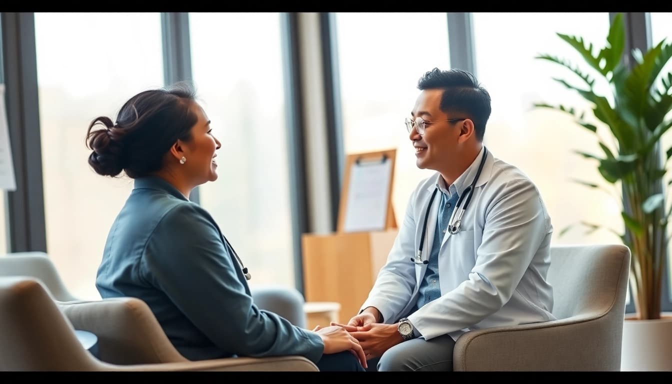Private GP engaging in a warm conversation with a patient in a bright office setting.