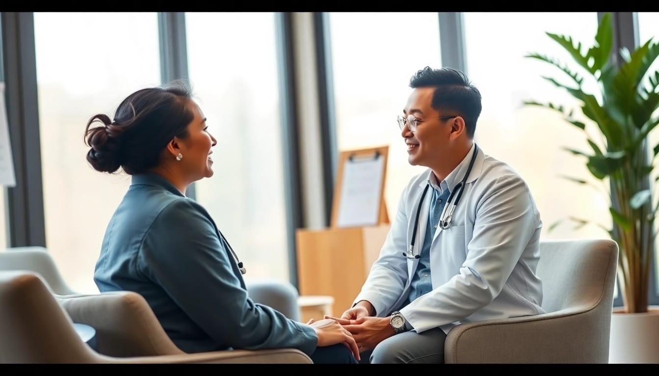 Private GP engaging in a warm conversation with a patient in a bright office setting.