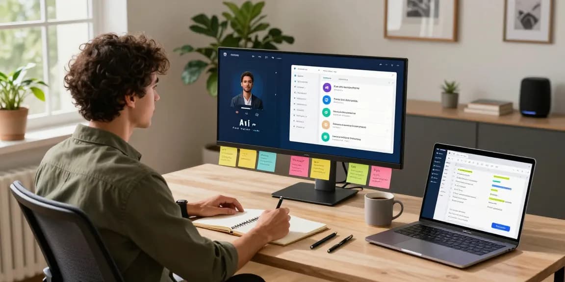 User interacting with an open claw personal AI assistant in a vibrant home office setup.