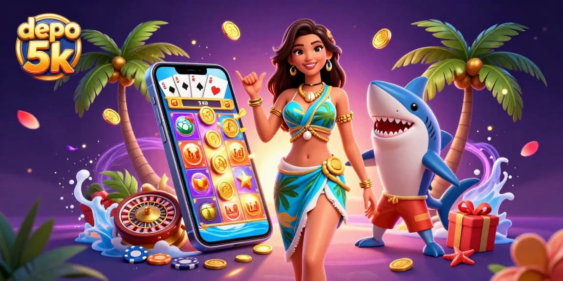 Play thrilling slots with depo 5k, featuring glamorous characters and vibrant casino elements.