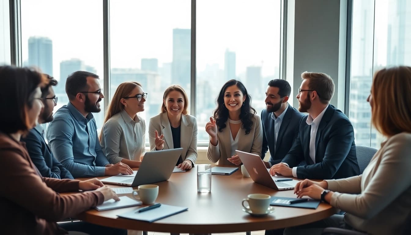 Capture founder leadership insights through diverse leaders discussing strategies in a modern office.