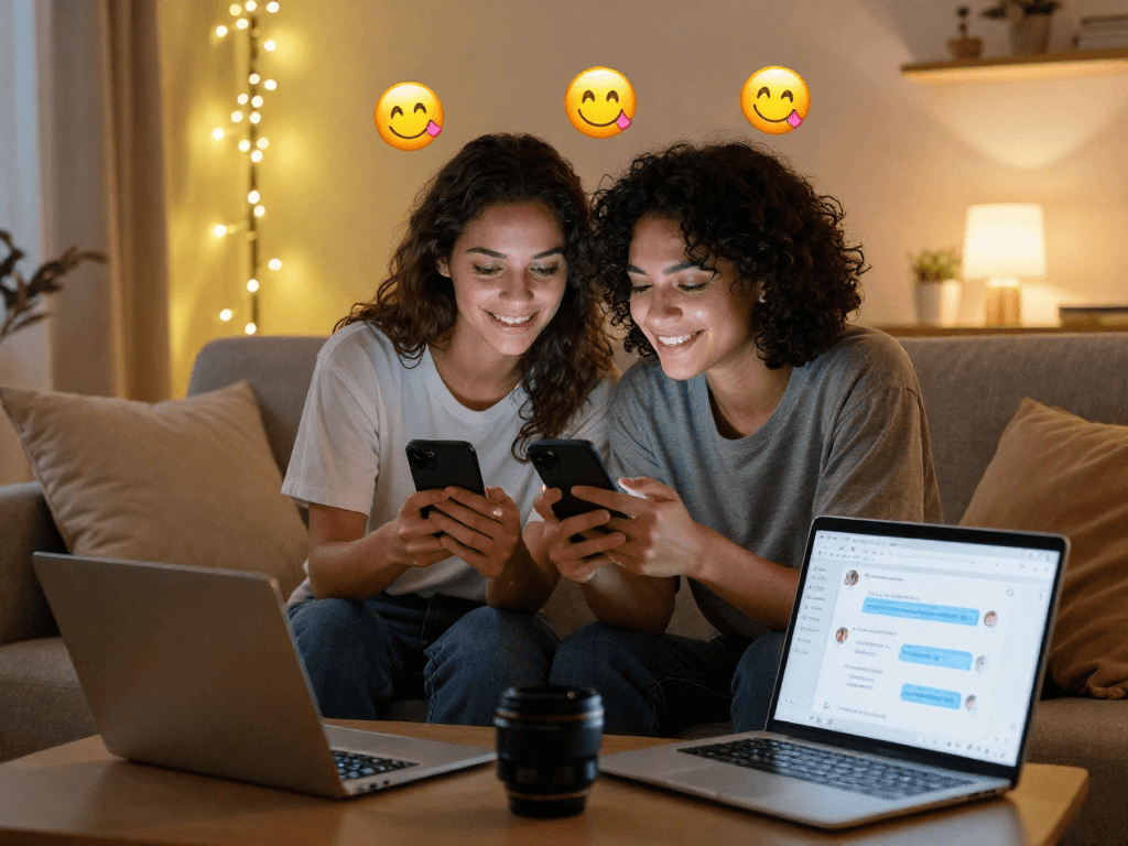 Couple using sexting AI for intimate texting connection on smartphones.