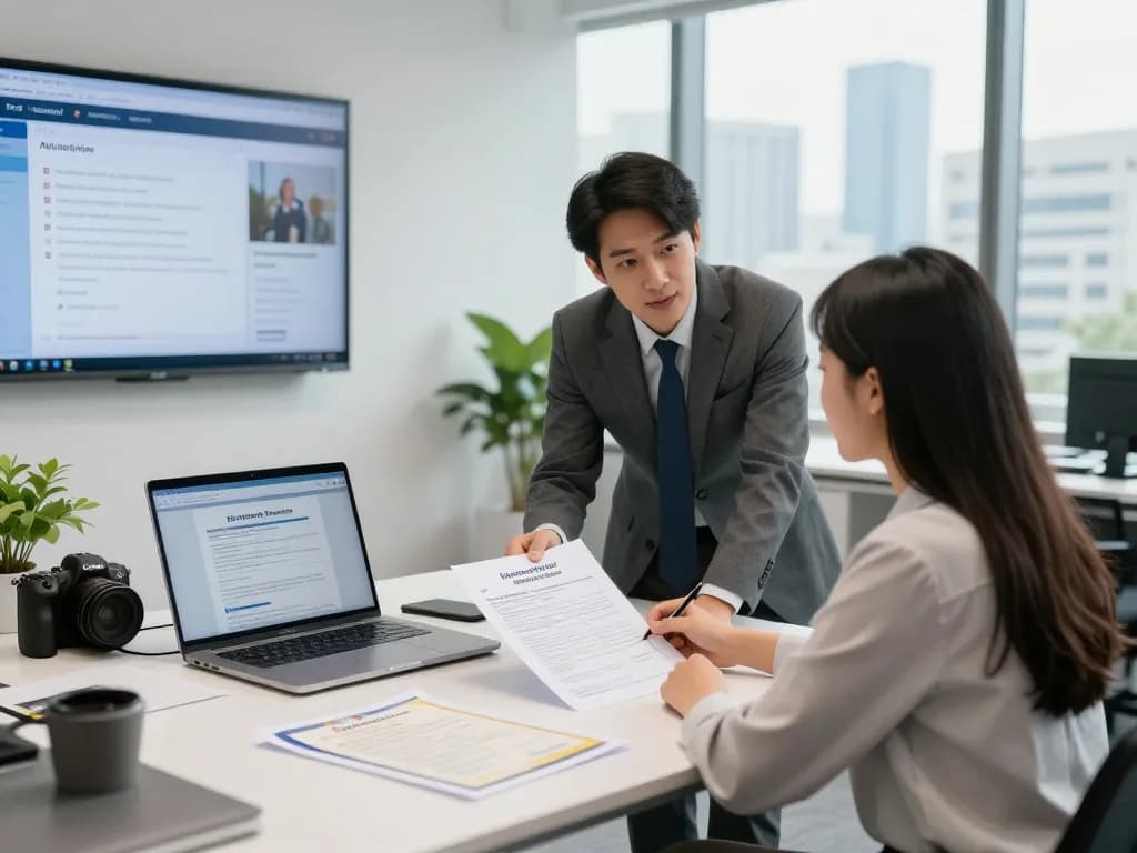Consultant explaining Transcript & Attestation Rules to student in modern office.
