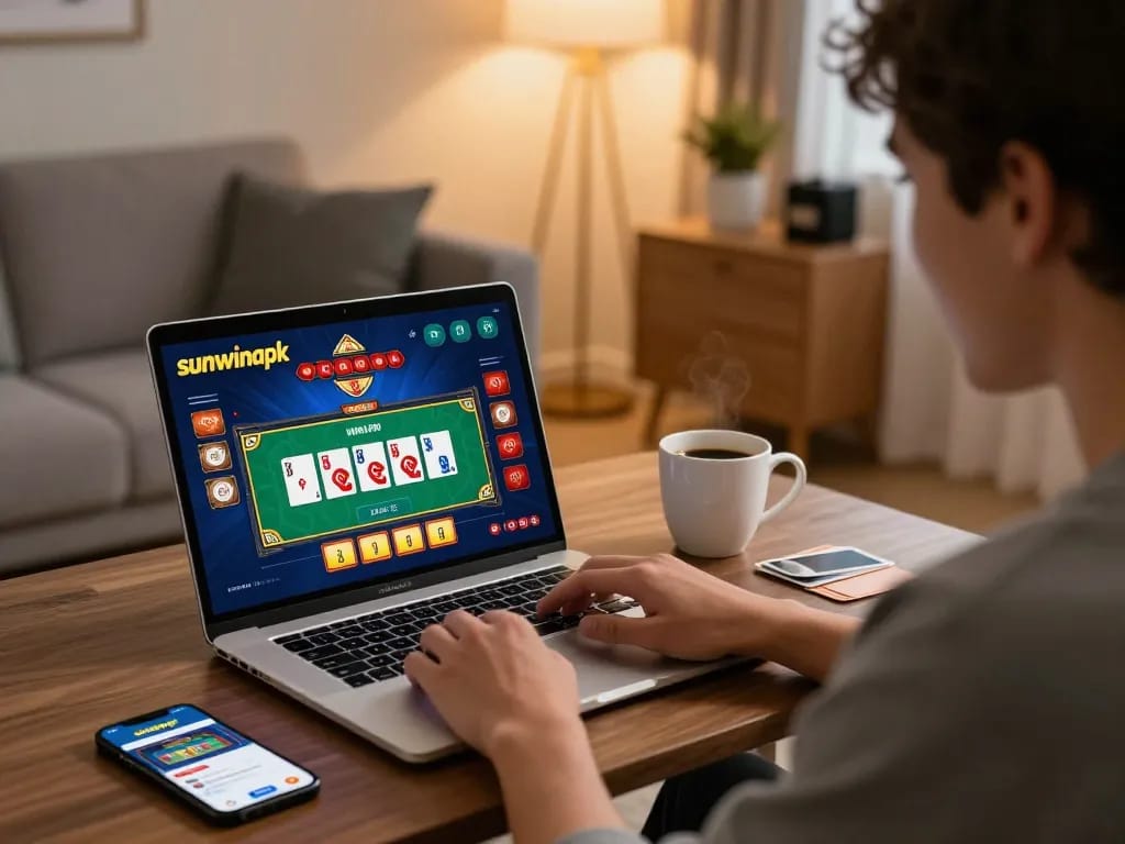 Player using sunwinapk on a laptop during an exciting online casino gaming session at home.