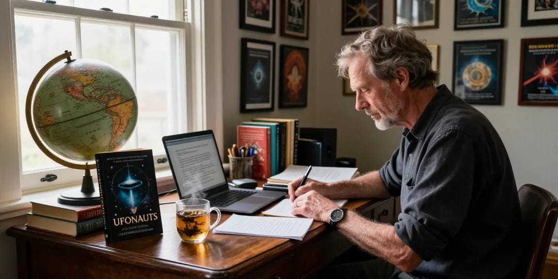 A cozy home office of T Allen Greenfield showcasing his writing process for UFOnauts at https://tallengreenfield.com, filled with books and award.