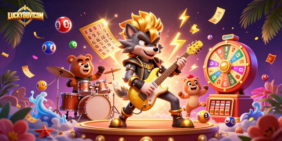 Play exciting games at LUCKY88VTCOM, featuring a vibrant casino scene with cartoon characters and dynamic gaming elements.