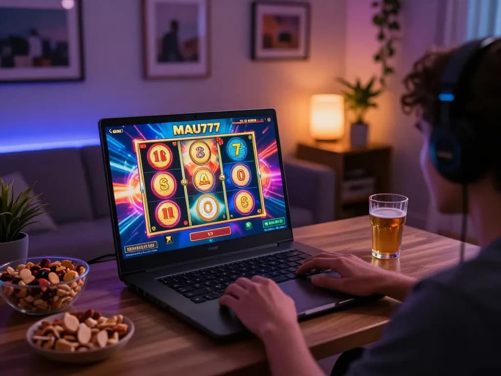 Engaging MAU777 login scene with colorful online slot game in a cozy home setup