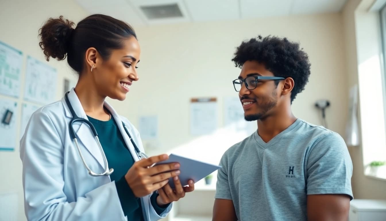 Health-focused interaction between a patient and a healthcare provider in a welcoming clinic.
