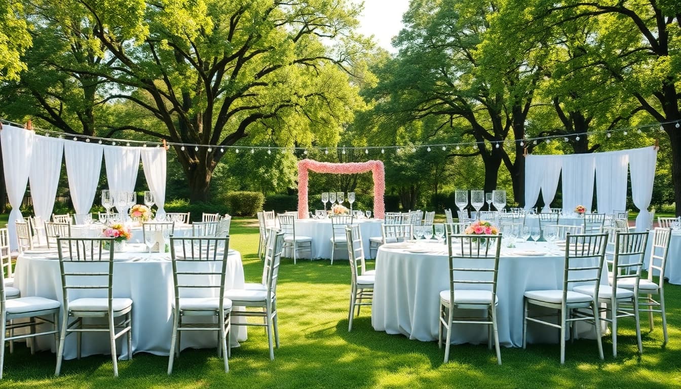 Experience exquisite Table & Chair Rentals in a vibrant outdoor event setup with elegant decor.