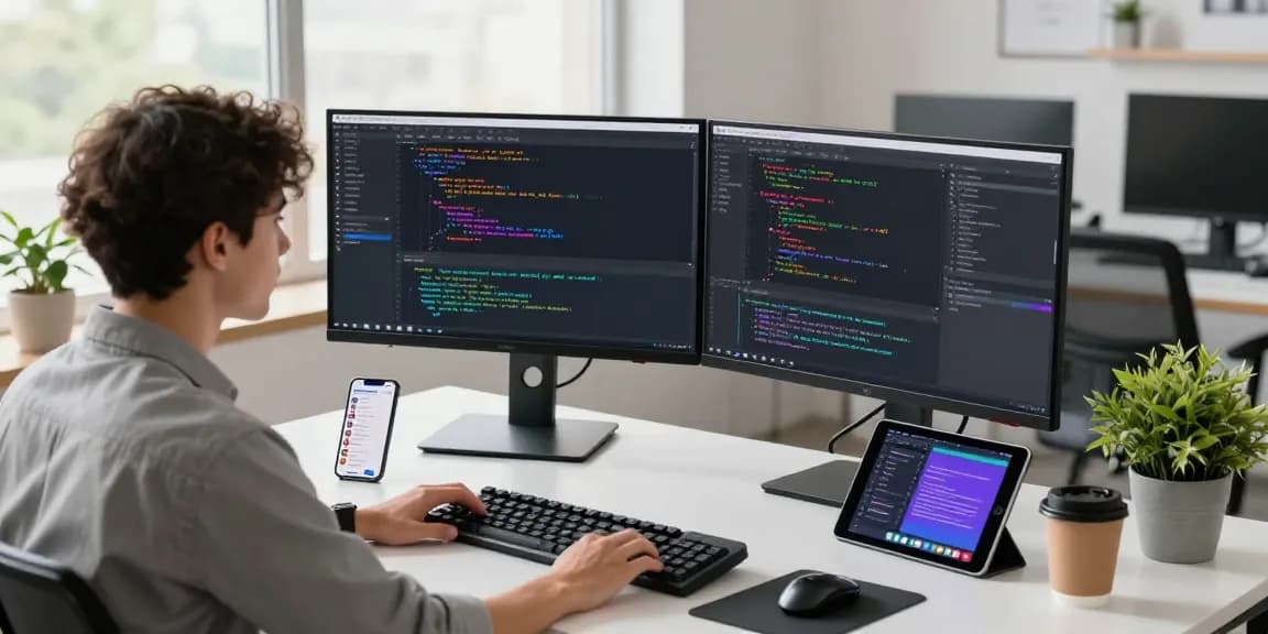 Developer coding in a modern workspace, showcasing 纸飞机中文版 technology with dual monitors and innovative design elements.