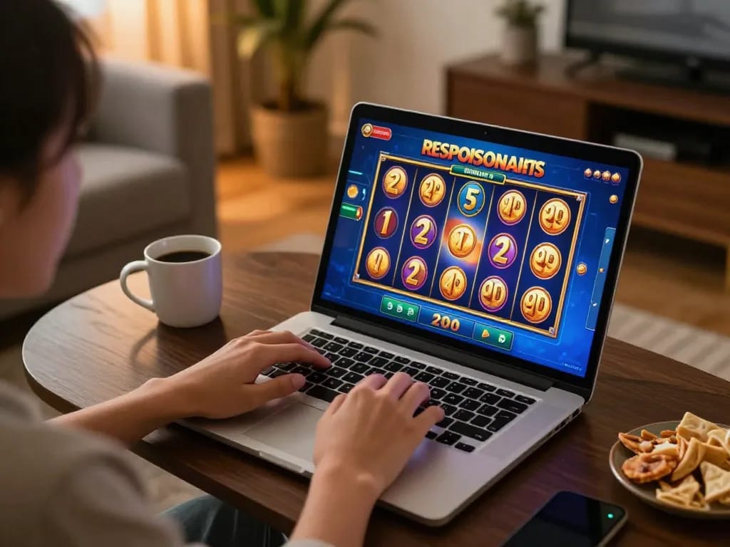 Engaged player ready to place a slot bet 200 in a cozy home gaming setup with snacks nearby.