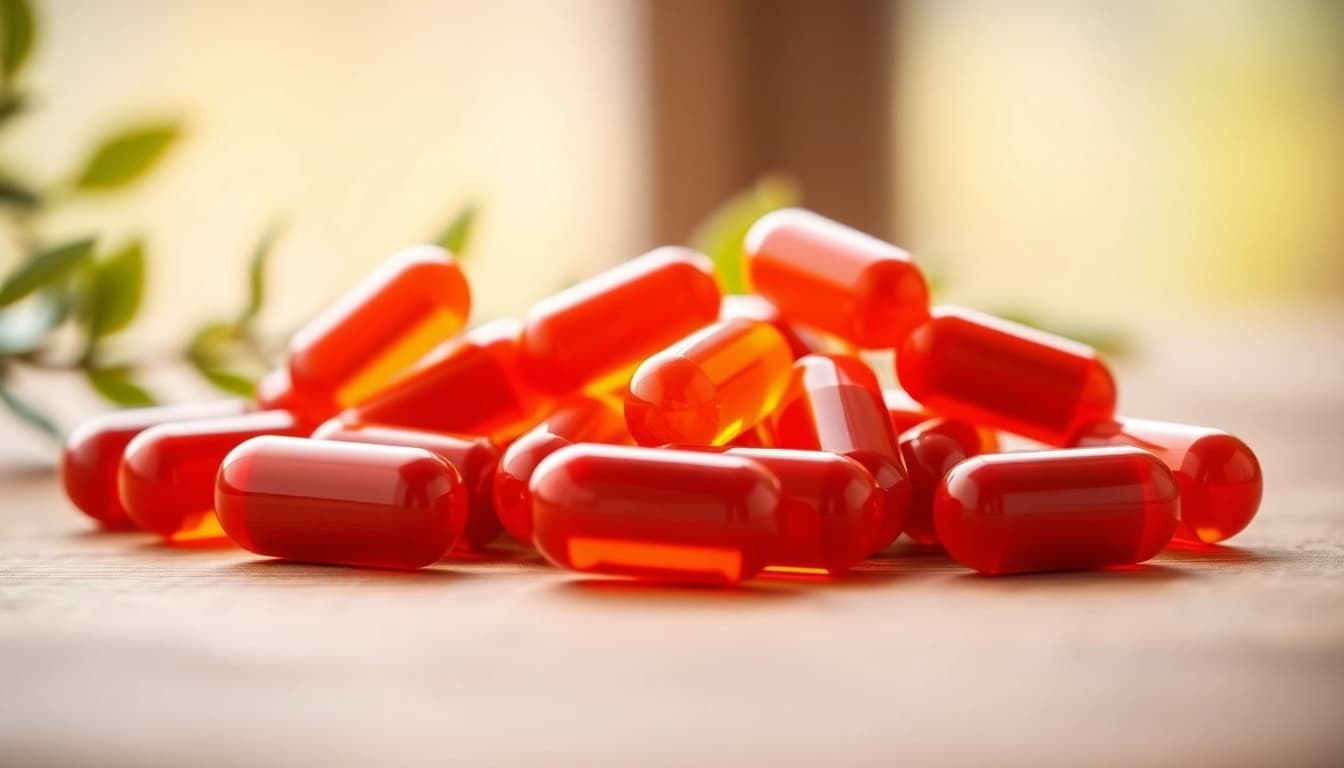 Showcasing natural astaxanthin softgels amid a serene, natural backdrop, emphasizing health.