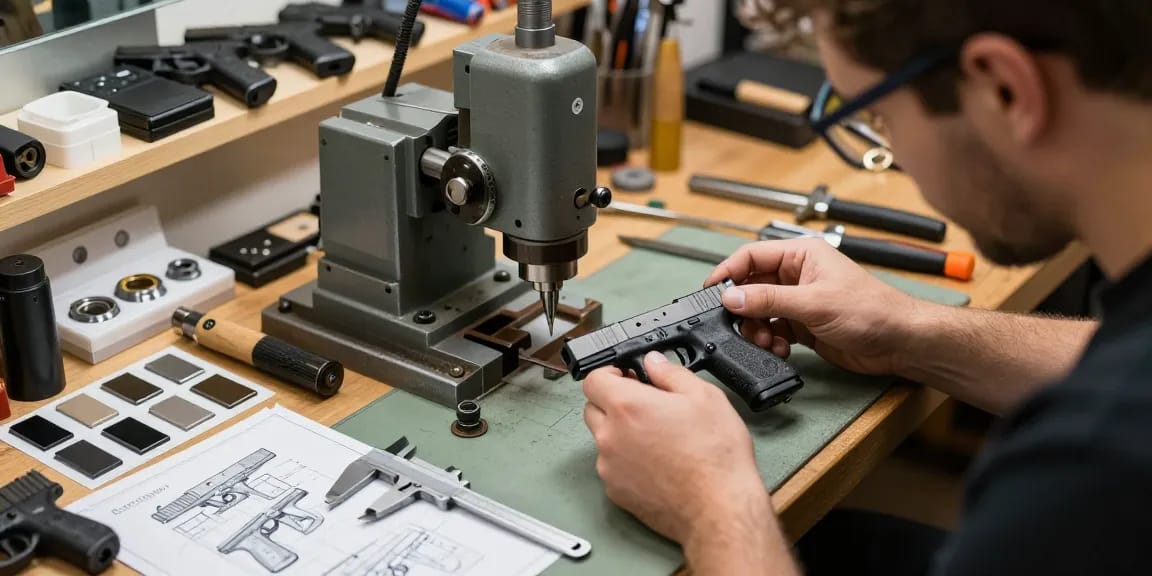 Custom Glock slide work at https://precisionglockslides.com showcasing craftsmanship and precision in a skilled workshop.