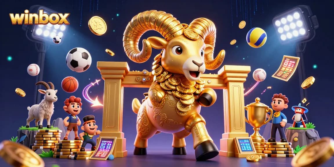 Winbox showcases an exhilarating scene with a golden ram charging a gate while surrounded by dynamic sports elements and coins.