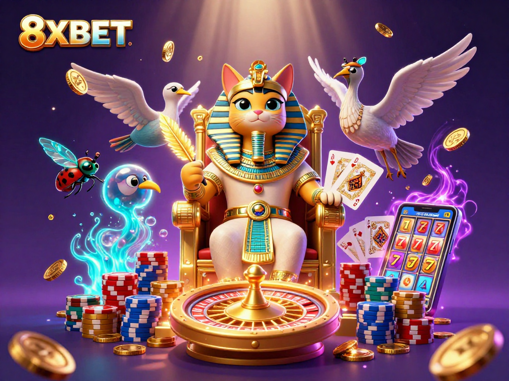 Experience thrilling wins at 8XBET with dynamic gaming elements and rich visuals in this casino illustration.