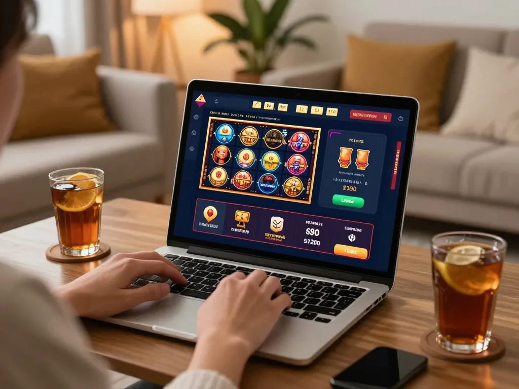Migliori casino online stranieri shown on a player's laptop screen in a cozy home setting