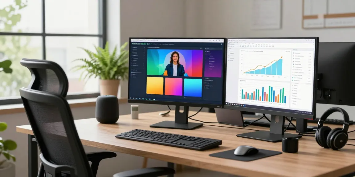 Analyst using an ai image checker in a modern tech workspace with colorful interfaces on dual screens.