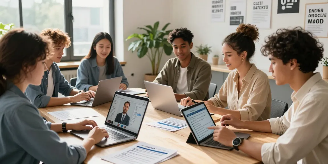 Job seekers collaborating on how to find a job with laptops and job alerts in a modern co-working space.