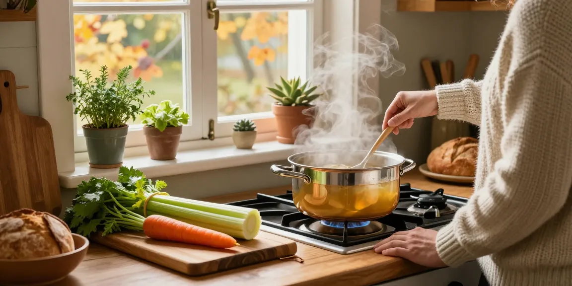 Leckere Klare Suppe, die in einer gemütlichen Küche mit frischen Zutaten zubereitet wird.