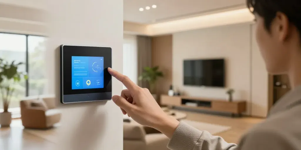 Touch panel switch in a modern smart home living room, controlling lighting.