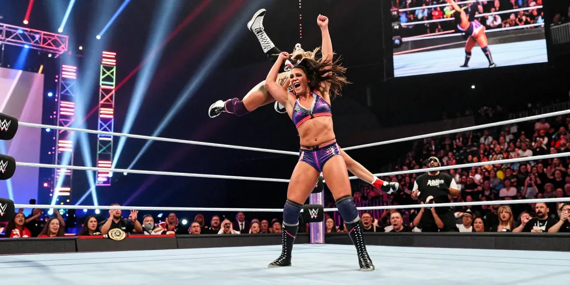 Alexa Bliss performing a high-flying maneuver in a vibrant WWE wrestling match, showcasing her athleticism and energy.