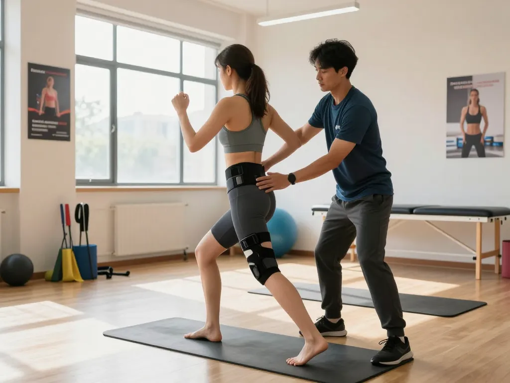 Patient using a hip brace for hypermobility during guided rehabilitation.