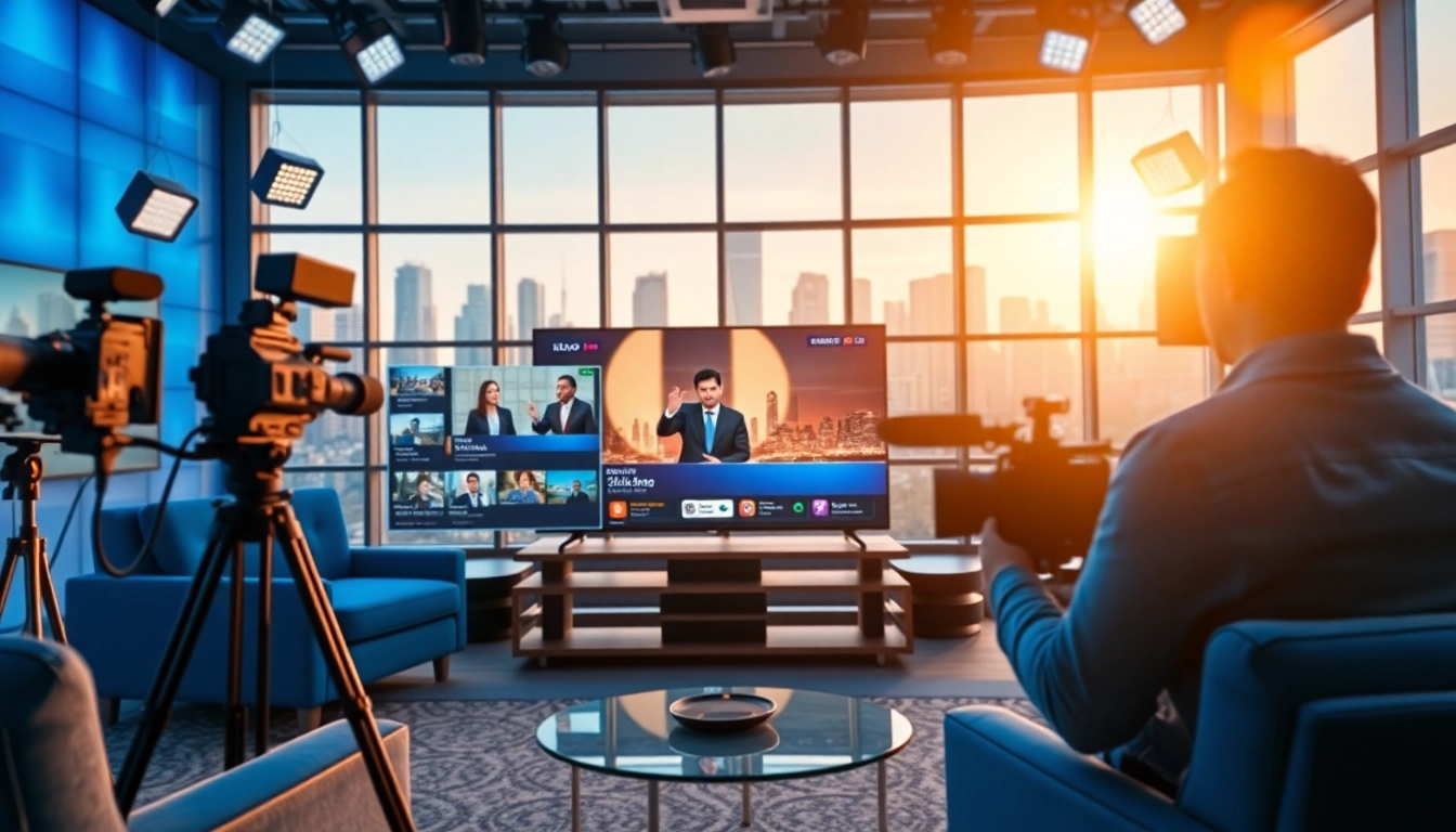 fadaeyat.com의 TV 방송 스튜디오에서 진행자가 촬영 중이다.