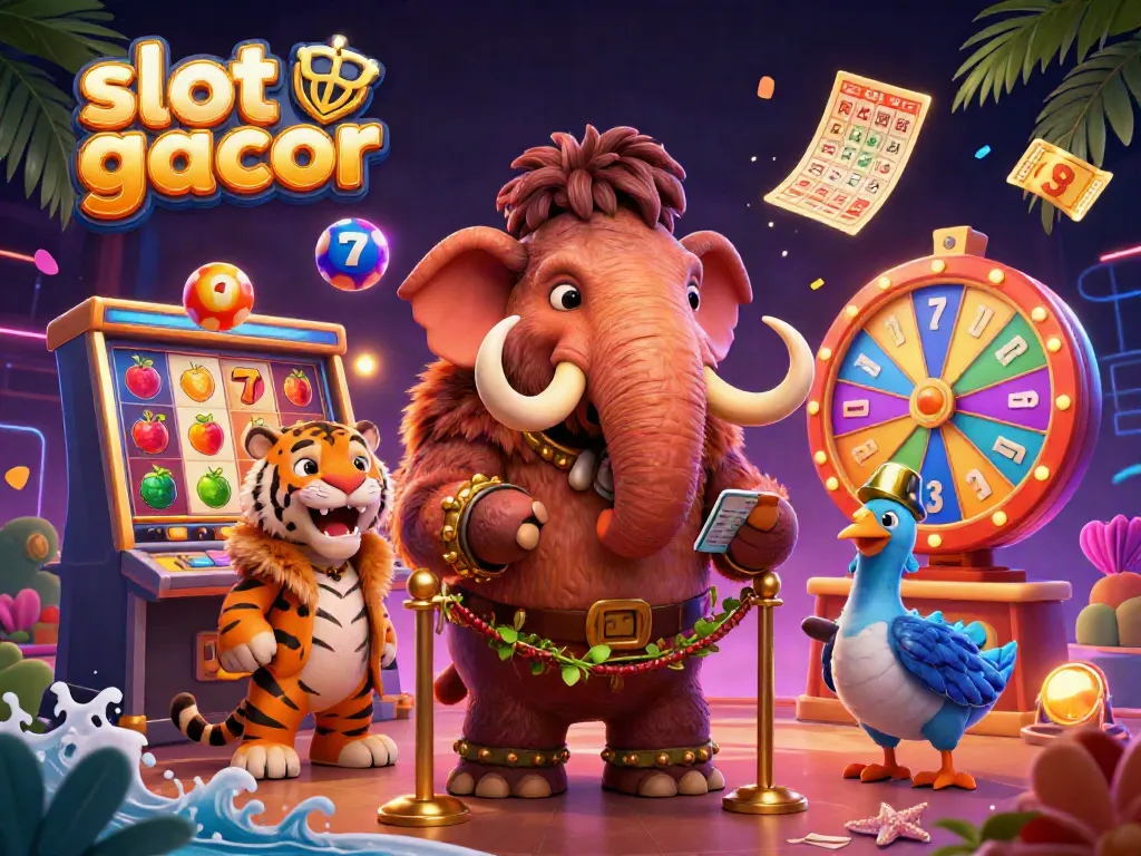 Engage with slot gacor gameplay as a mammoth bouncer checks IDs at a vibrant casino.