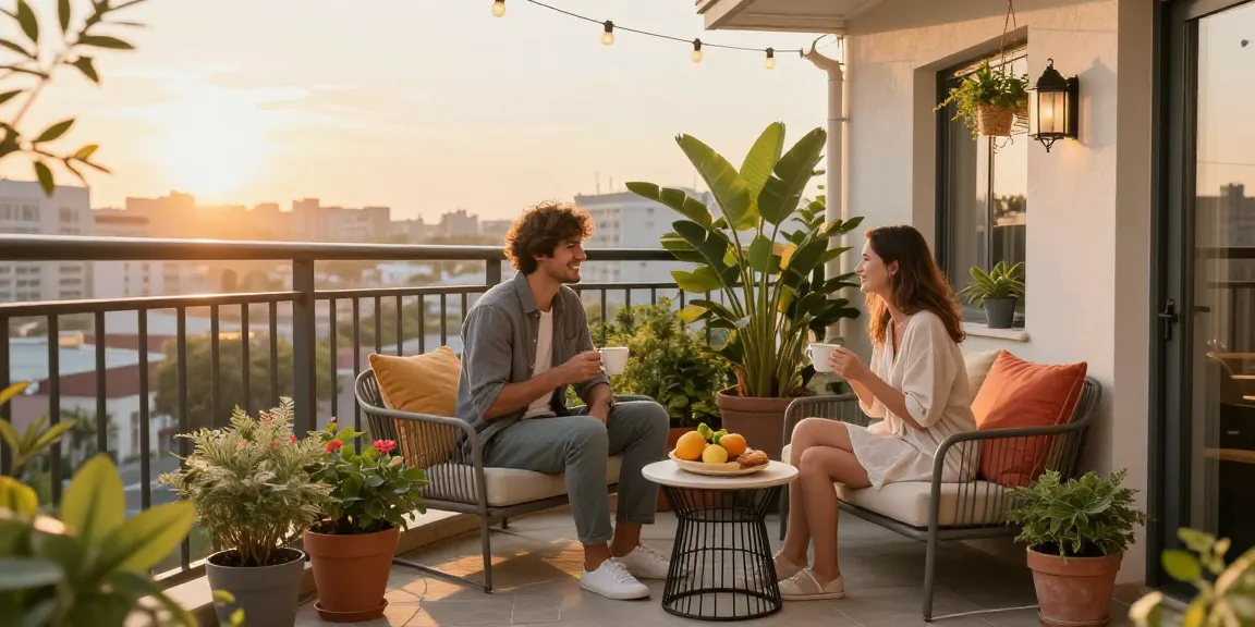 Couple enjoying coffee on balcony patio furniture surrounded by plants and decorations.