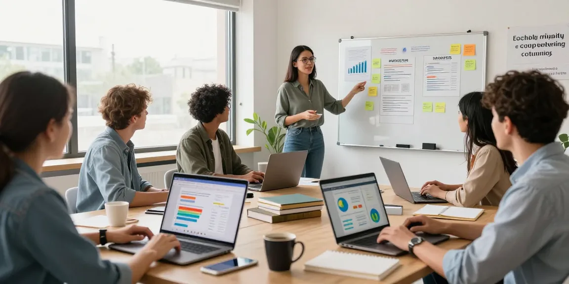 Learn digital marketing online with diverse learners in a bright virtual classroom, focusing on effective strategies.