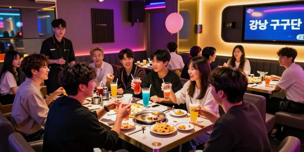 강남 구구단에서 친구들과 함께 즐거운 시간을 보내는 모습