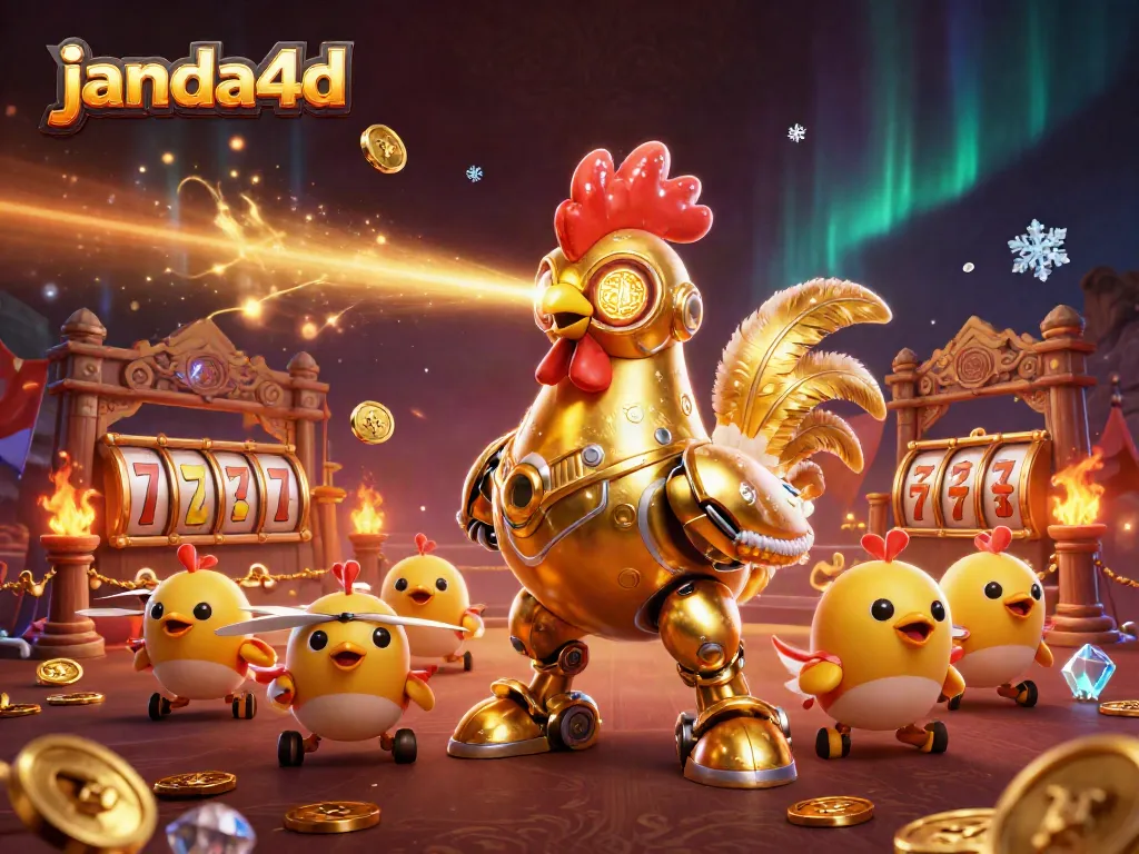 JANDA4D menghadirkan robot ayam emas futuristik dengan permainan slot, membangun kegembiraan dan peluang menang.