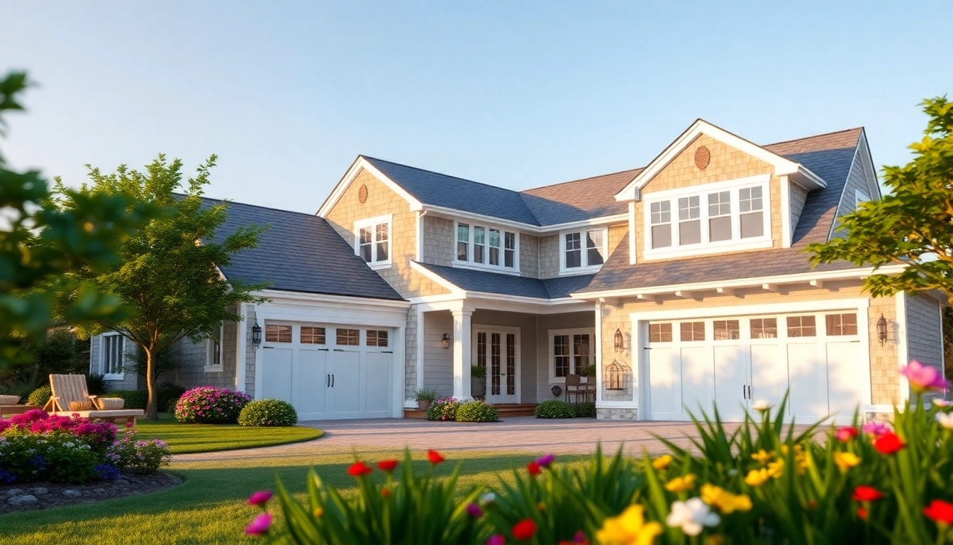 A stunning cape cod home addition with an elegant attached garage, surrounded by lush landscaping.