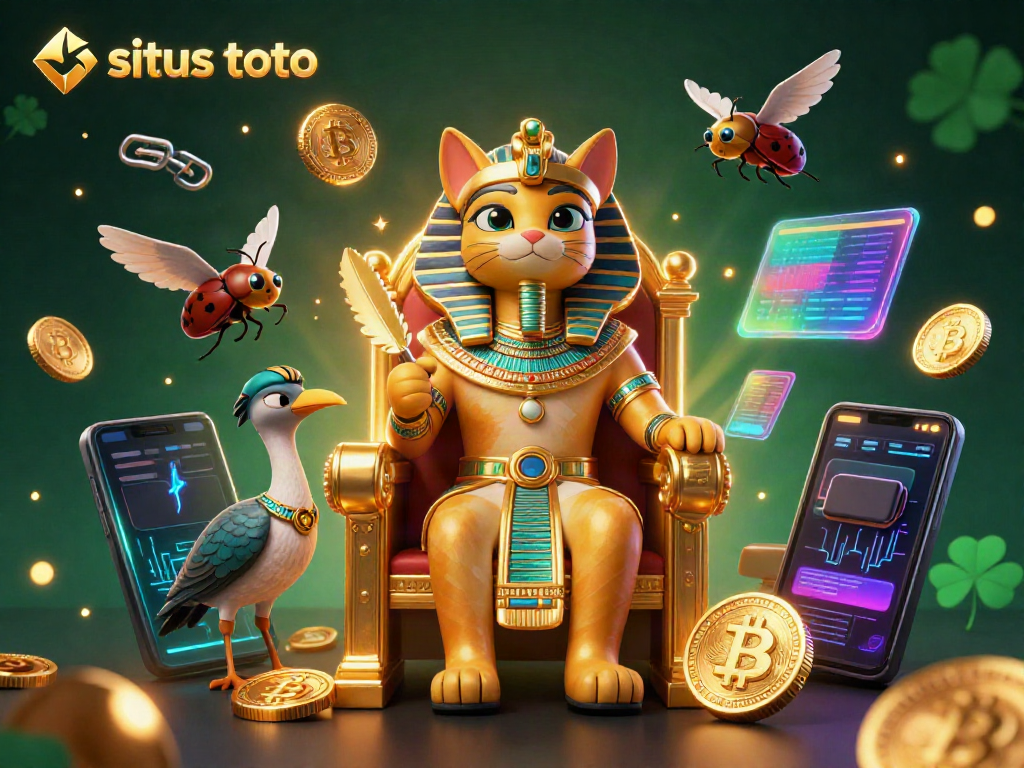 Experience the thrill of situs toto with our captivating digital illustration featuring a pharaoh cat and crypto elements.