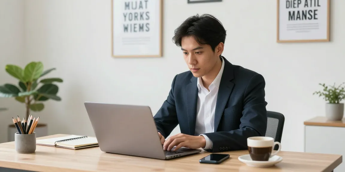Self-employed individual working in a well-organized home office with laptop and motivational decor.