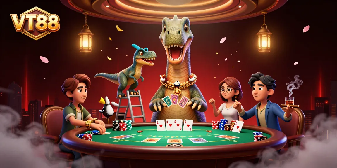 VT88 depicts a brontosaurus in a vibrant casino scene, engaging players at the poker table.