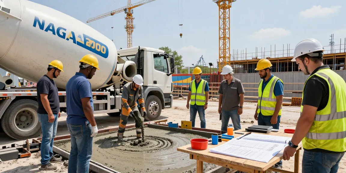Construction workers utilizing NAGA2000 concrete technology at an active site.