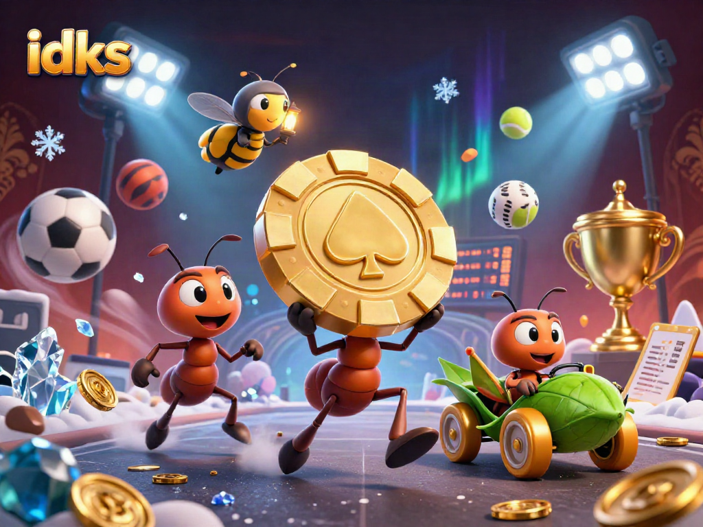 Ant-ant 3D yang mencuri chip poker emas besar, dalam suasana kasino idks yang dinamis.