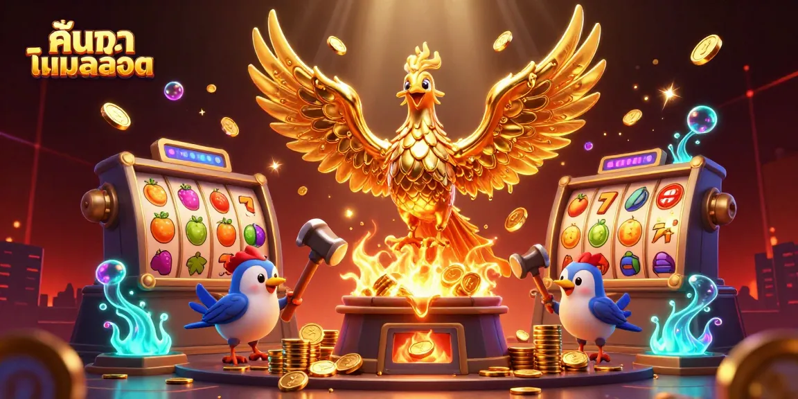 Experience excitement with the golden phoenix as ค้นหาเกมสล็อต comes to life amidst vibrant slot reels and coins.