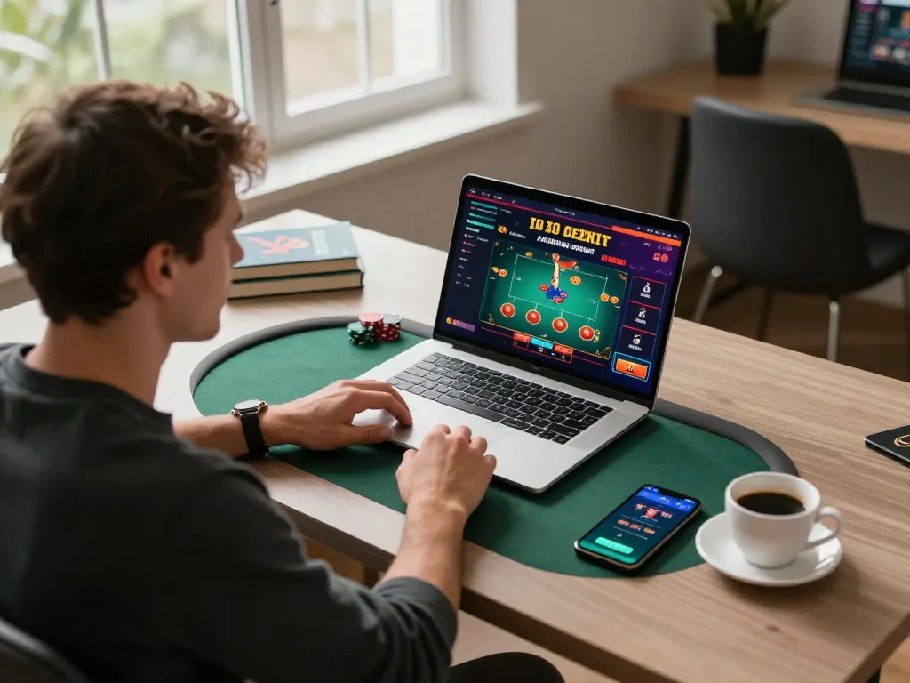 Player enjoying a strategic game of poker on 888top, showcasing a modern gaming setup.