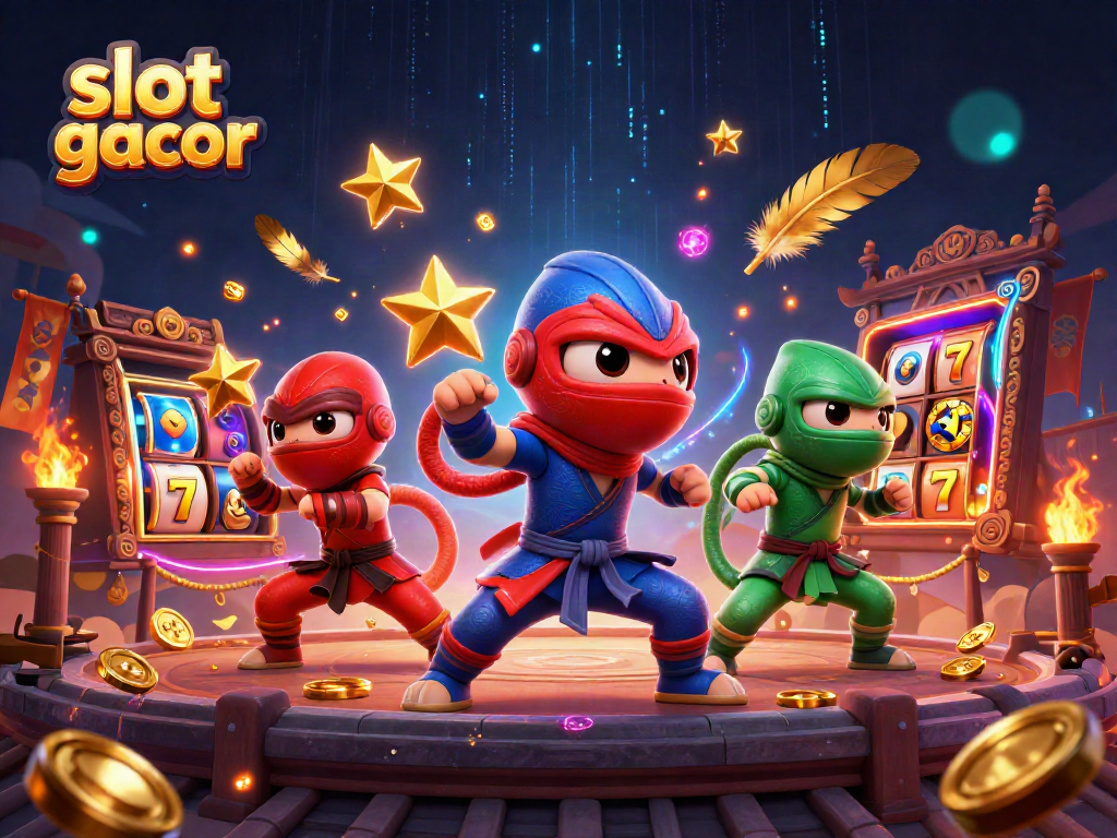 Slot gacor dengan karakter ninja chameleon yang beraksi di atas atap dalam suasana kasino yang dinamis.