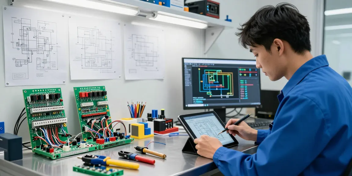 Engineer's workspace showcasing wire connectors terminals and electrical components in a professional setting.